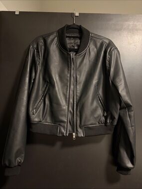 Women's Black Faux Leather Bomber Jacket